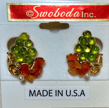 Load image into Gallery viewer, AUTHENTIC SWOBODA GRAPE EARRINGS ~ PERIDOT, CARNELIAN, PEARL