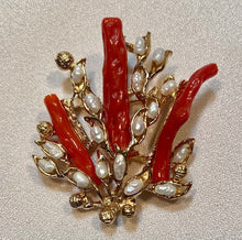 Load image into Gallery viewer, Coral and Fresh Water Pearl Branch Brooch
