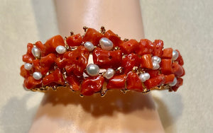 Natural Coral and Fresh Water Pearl Cuff Bracelet