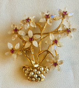 Moonstone, Ruby and Pearl Flower Pot Brooch