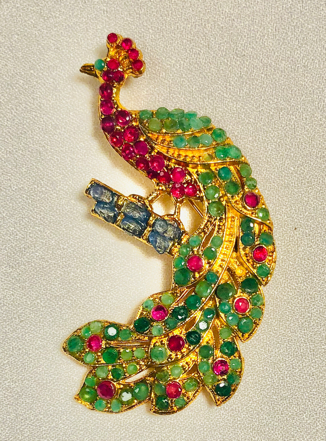 Genuine Emerald, Ruby and Sapphire Perched Peacock Brooch