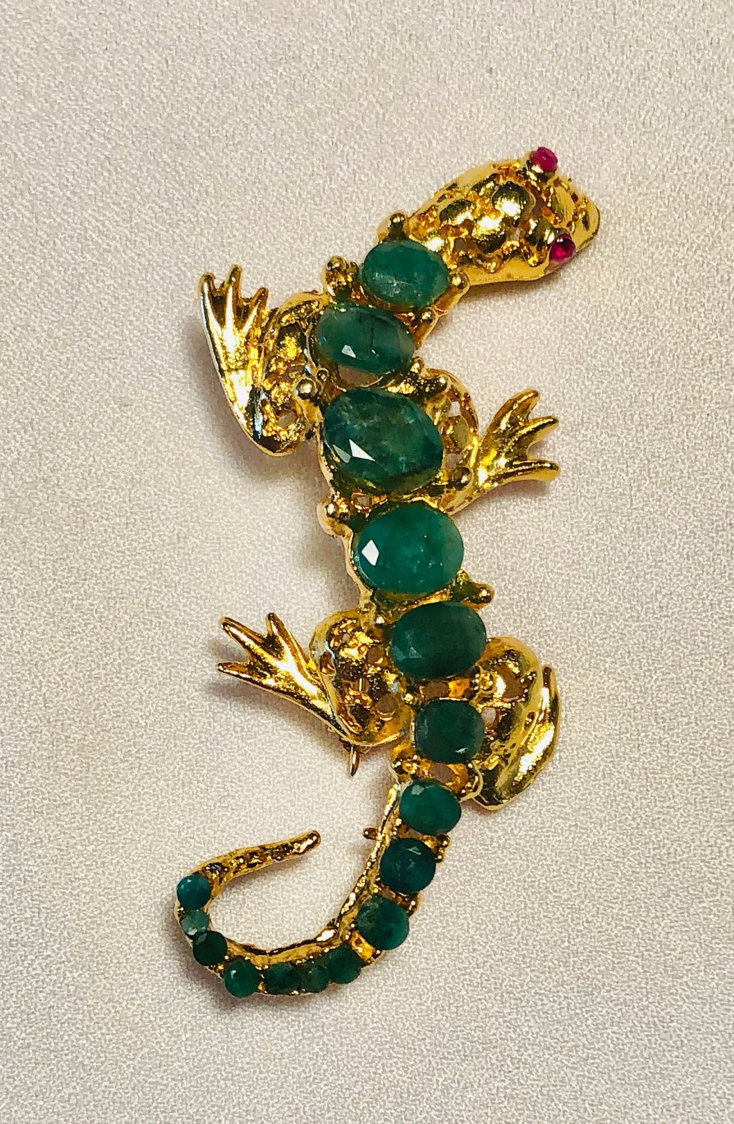 Genuine Emerald and Ruby Iguana Brooch