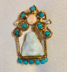 Turquoise, Pearl, Coral and Jadeite Buddha Brooch