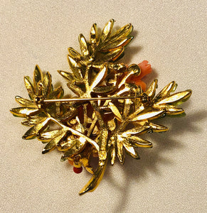 Coral and  Peridot Flower Brooch