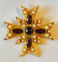 Load image into Gallery viewer, Garnet, Coral and Pearl Cross Pendant / Brooch
