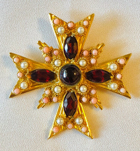 Garnet, Coral and Pearl Cross Pendant / Brooch