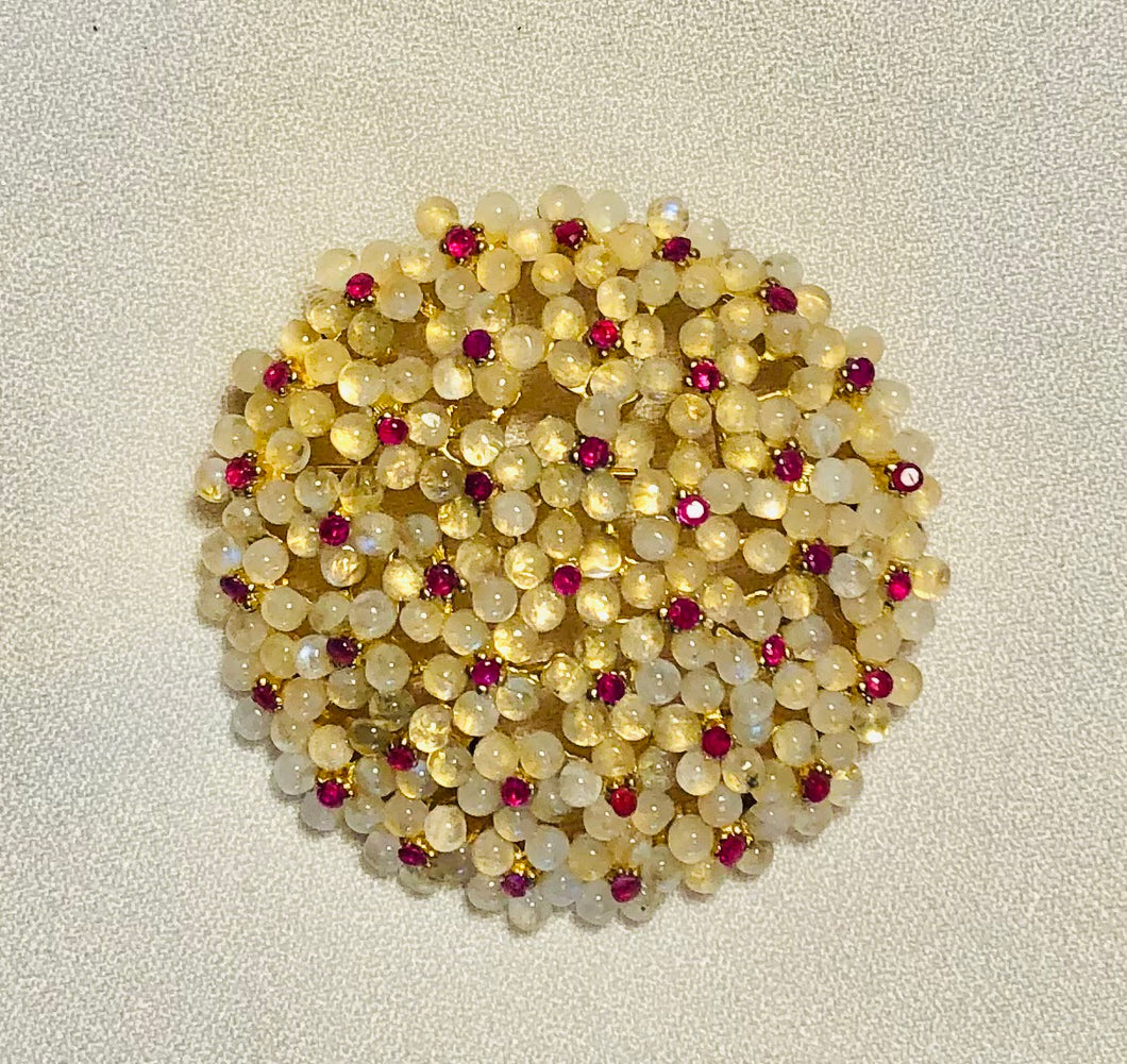 Genuine Moonstone and Ruby Cluster Brooch
