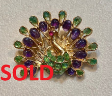 Load image into Gallery viewer, Amethyst, Peridot and Ruby Eye Peacock Brooch
