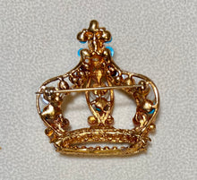 Load image into Gallery viewer, Authentic Swoboda Crown Brooch ~ Fresh Water Pearl, Coral, Turquoise, Garnet
