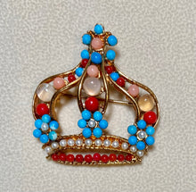 Load image into Gallery viewer, Authentic Swoboda Crown Brooch ~ Moonstone, Coral, Turquoise, Pearl
