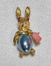 Load image into Gallery viewer, AUTHENTIC SWOBODA TINY BUNNY BROOCH ~ OSMENA PEARL, CORAL,RUBY EYE
