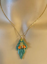 Load image into Gallery viewer, AUTHENTIC SWOBODA JADE LEAF AND BEE PENDANT ~ JADE, CORAL, PERIDOT EYES
