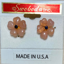 Load image into Gallery viewer, AUTHENTIC SWOBODA EARRINGS ~  HEART SHAPED ROSE QUARTZ AND SAPPHIRE

