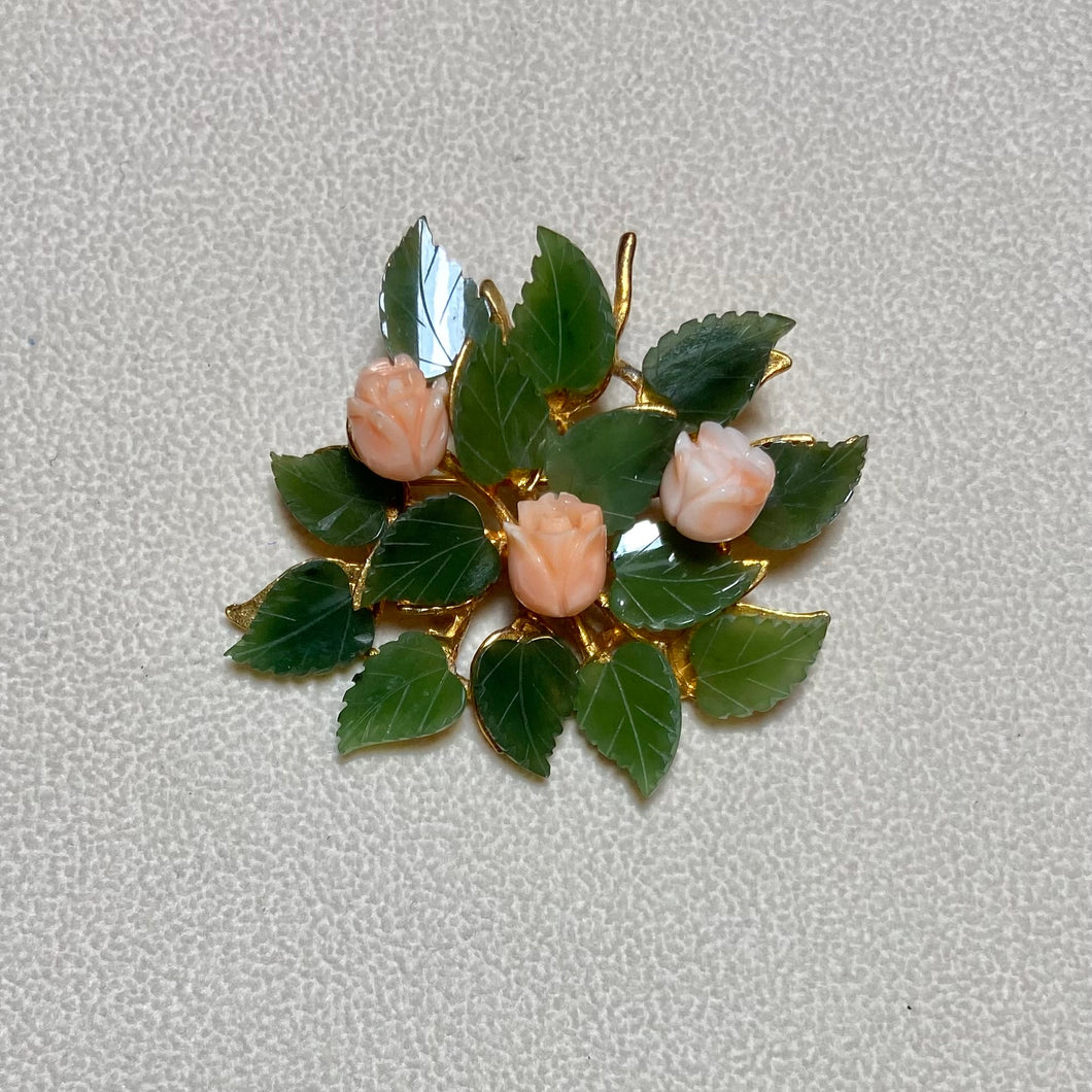 AUTHENTIC SWOBODA FLOWER BROOCH ~ JADE, CORAL