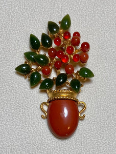 AUTHENTIC SWOBODA VASE FLOWER BROOCH ~ Jade, Carnelian, Jasper