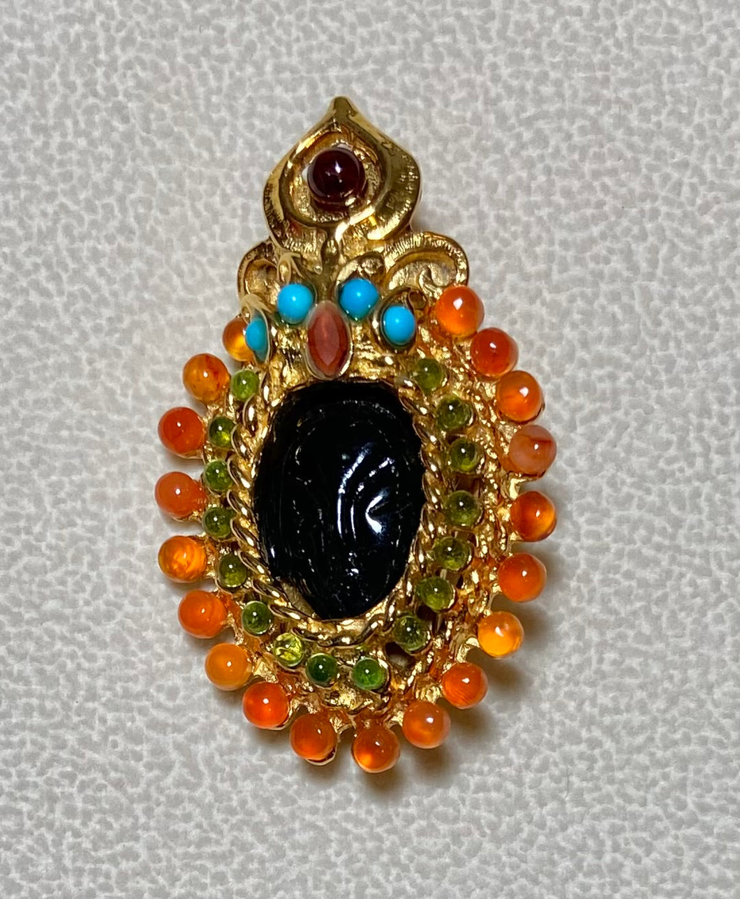 Authentic Swoboda Blackamoor Brooch ~ Carnelian, Peridot, Turquoise, Garnet, Ruby