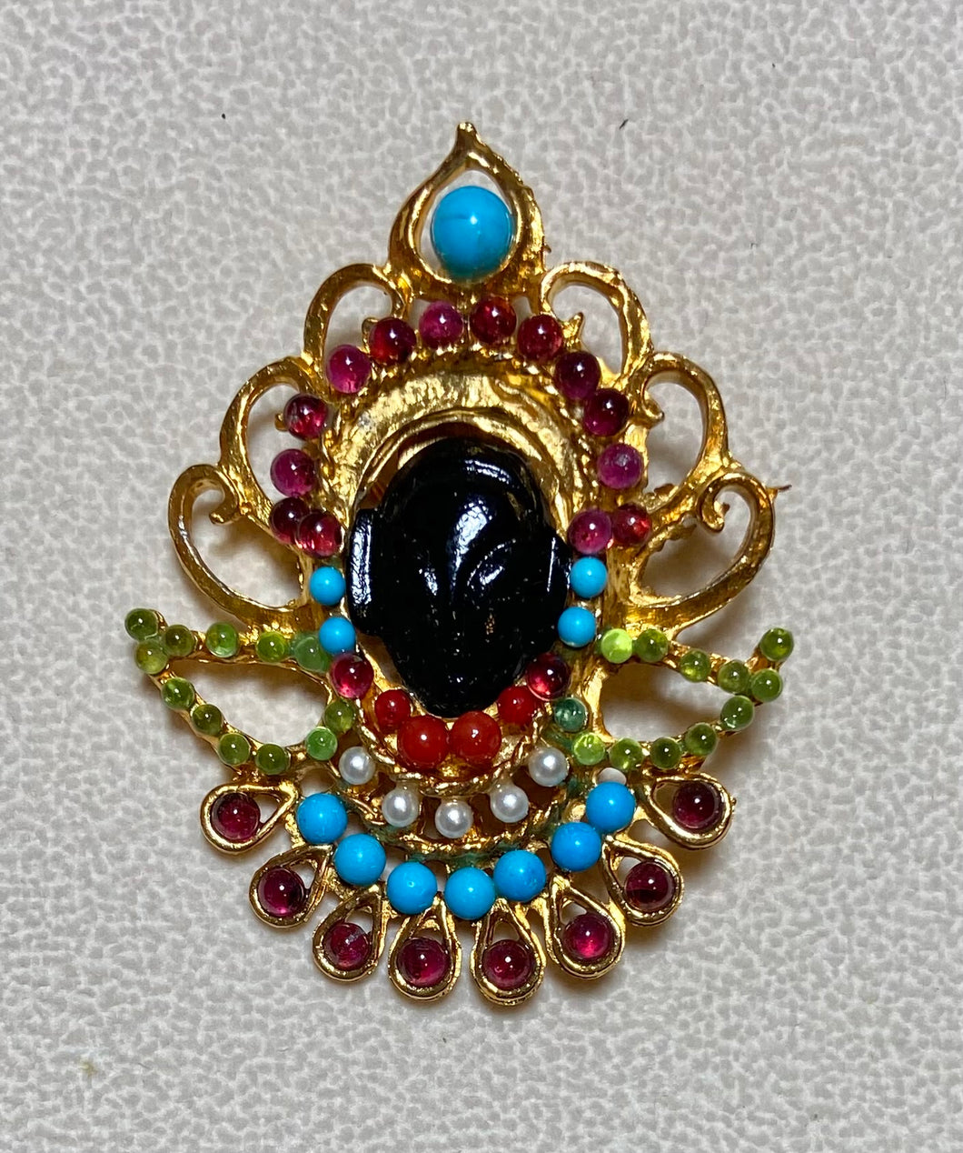 Authentic Swoboda Blackamoor Brooch ~ Turquoise, Garnet, Peridot, Pearl, Coral