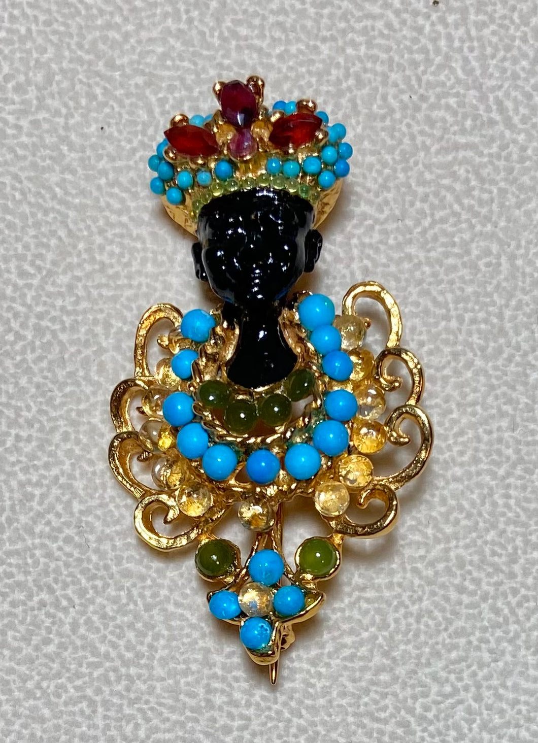 Authentic Swoboda Blackamoor Brooch ~ Turquoise, Citrine, Jade, Garnet