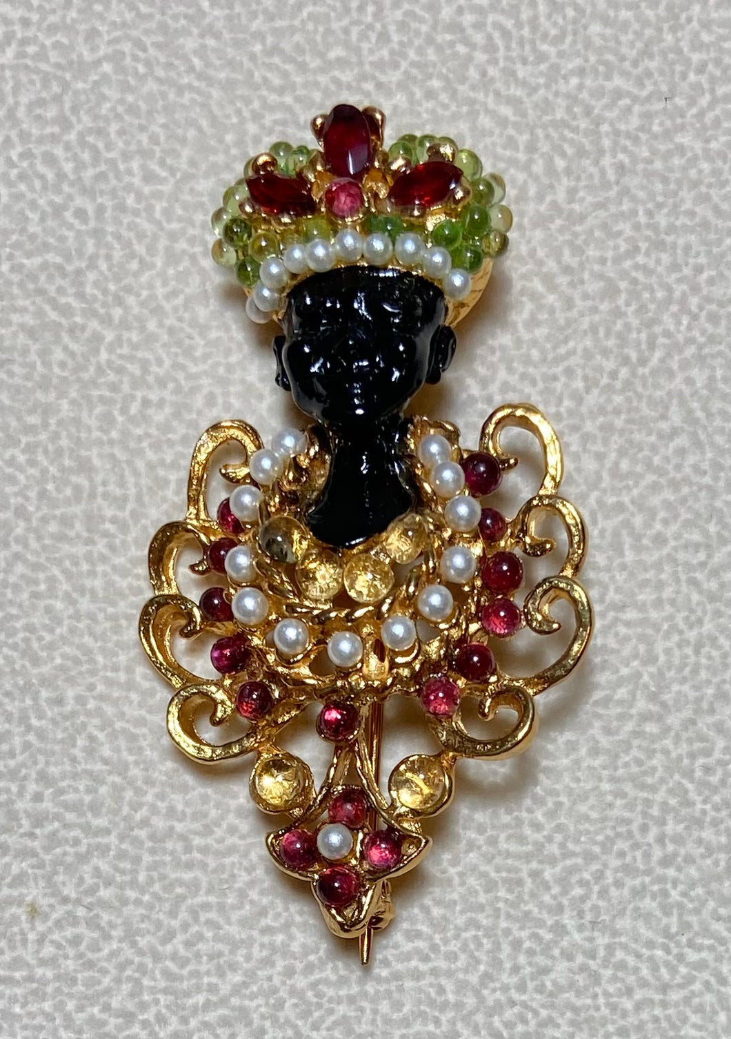 Authentic Swoboda Blackamoor Brooch ~ Garnet, Pearl, Peridot, Citrine, Ruby
