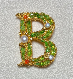 Authentic Swoboda "B" Initial Brooch ~ Carnelian, Peridot, Fresh Water Pearl