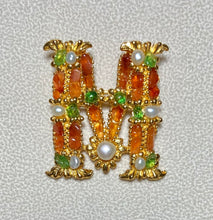 Load image into Gallery viewer, Authentic Swoboda &quot;M&quot; Initial Brooch ~ Peridot, Fresh Water Pearl, Carnelian
