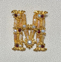 Load image into Gallery viewer, Authentic Swoboda &quot;M&quot; Initial Brooch ~ Howlite, Fresh Water Pearl, Garnet
