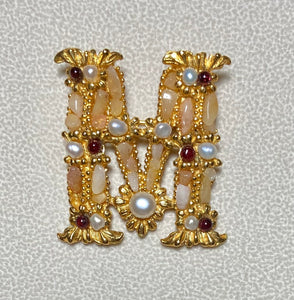 Authentic Swoboda "M" Initial Brooch ~ Howlite, Fresh Water Pearl, Garnet