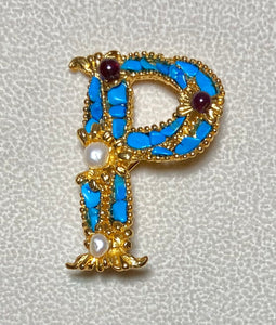 Authentic Swoboda "P" Initial Brooch ~ Howlite, Garnet, Fresh Water Pearl