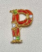 Load image into Gallery viewer, Authentic Swoboda &quot;P&quot; Initial Brooch ~ Coral, Peridot, Fresh Water Pearl
