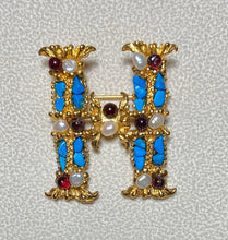 Load image into Gallery viewer, Authentic Swoboda &quot;H&quot; Initial Brooch ~ Coral, Peridot, Fresh Water Pearl
