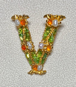 Authentic Swoboda "V" Initial Brooch ~ Carnelian, Peridot, Fresh Water Pearl