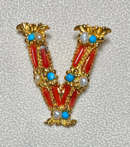 Authentic Swoboda "V" Initial Brooch ~ Coral, Turquolite, Fresh Water Pearl