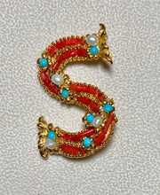 Load image into Gallery viewer, Authentic Swoboda &quot;S&quot; Initial Brooch ~ Coral, Turquolite, Fresh Water Pearl
