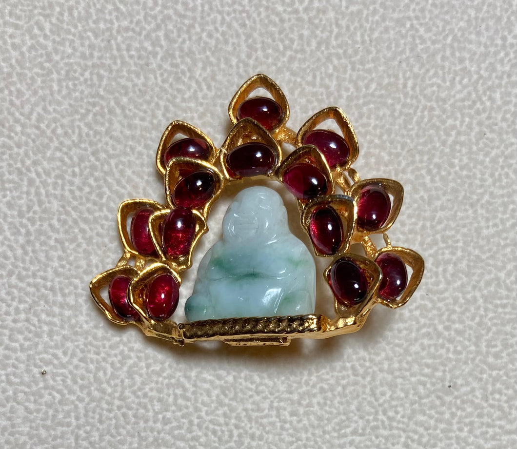 Authentic Swoboda Buddha Brooch ~ Garnet and Jadeite Buddha
