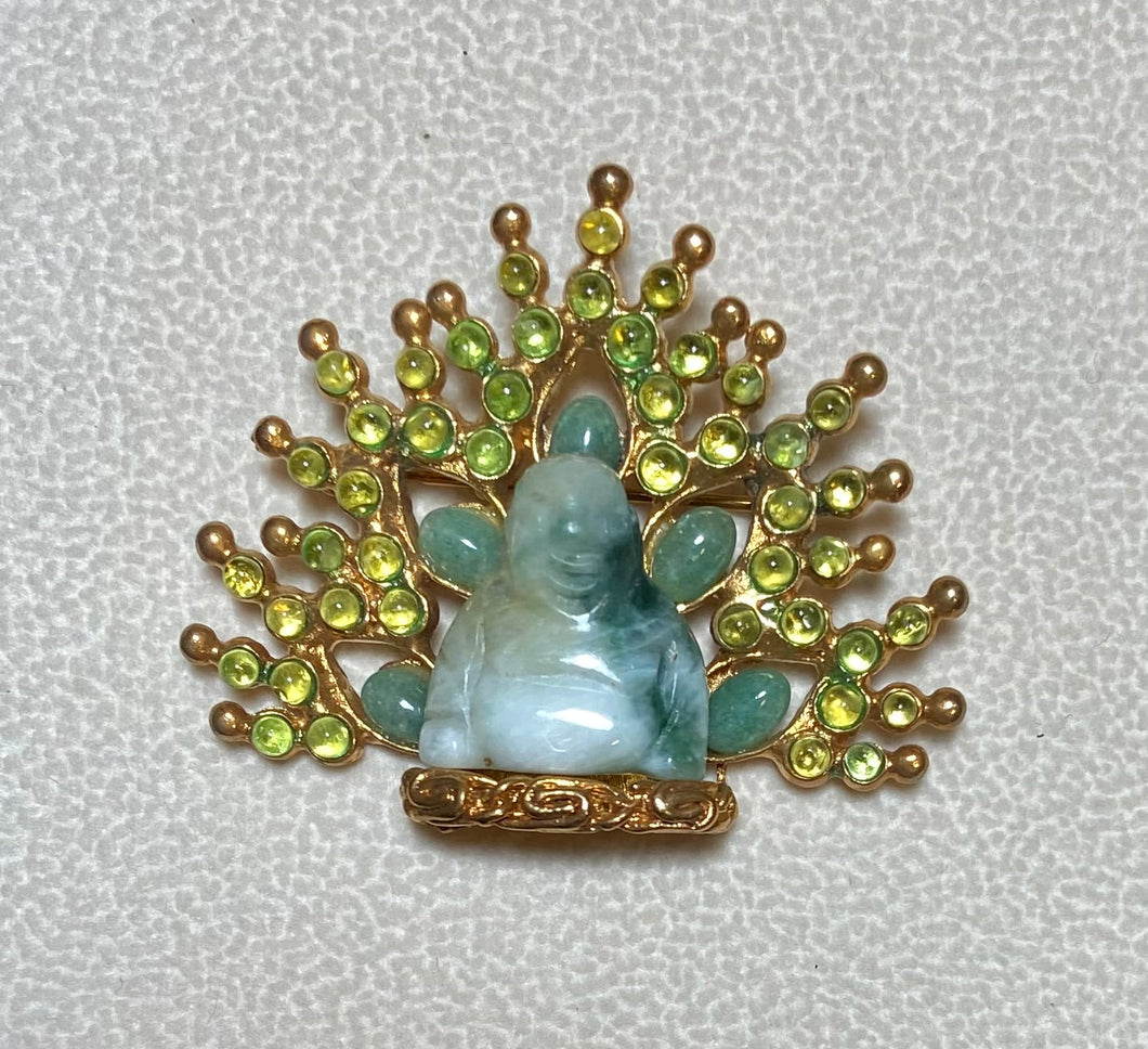 Authentic Swoboda Buddha Brooch ~ Peridot, Jade and Jadeite Buddha