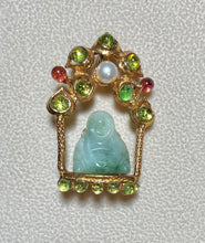 Load image into Gallery viewer, Authentic Swoboda Buddha Brooch ~ Peridot, Garnet, Pearl and Jadeite Buddha
