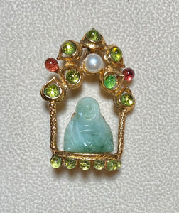 Authentic Swoboda Buddha Brooch ~ Peridot, Garnet, Pearl and Jadeite Buddha