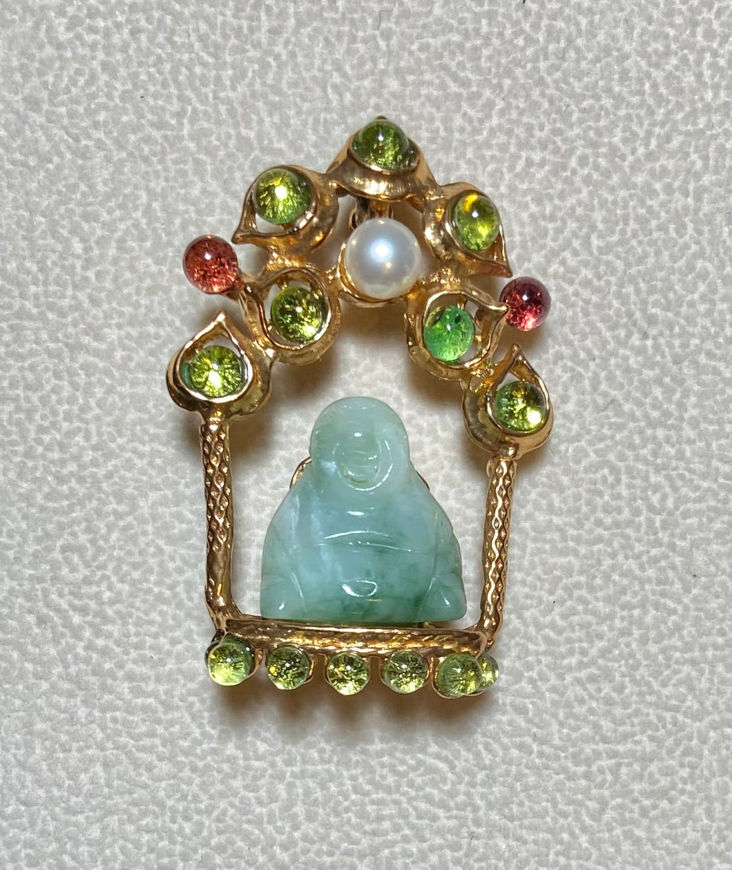 Authentic Swoboda Buddha Brooch ~ Peridot, Garnet, Pearl and Jadeite Buddha