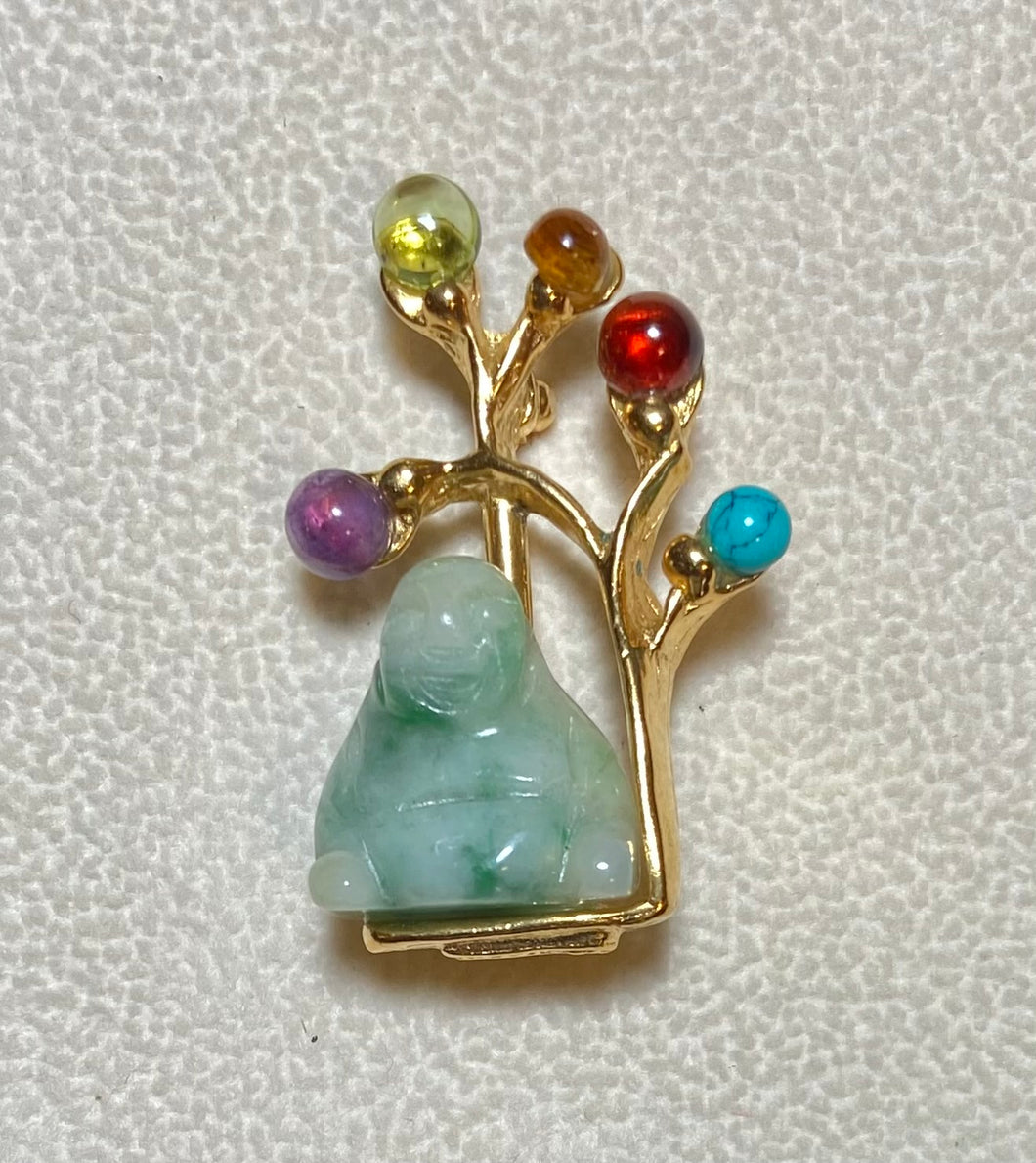 Authentic Swoboda Buddha Brooch ~ Peridot, Garnet, Amethyst, Turquoise and Jadeite Buddha