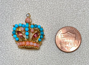 Authentic Swoboda Crown Brooch ~ Turquolite, Coral, Rhodolite Garnet, Pearl