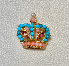 Load image into Gallery viewer, Authentic Swoboda Crown Brooch ~ Turquolite, Coral, Rhodolite Garnet, Pearl
