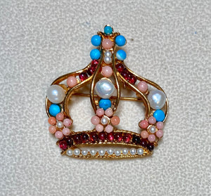 Authentic Swoboda Crown Brooch ~ Turquolite Garnet, Coral, Fresh Water Pearl