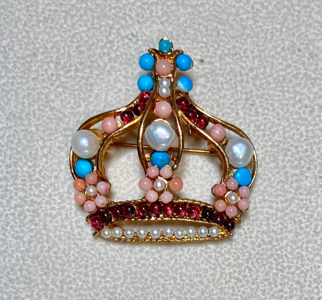 Authentic Swoboda Crown Brooch ~ Turquolite Garnet, Coral, Fresh Water Pearl