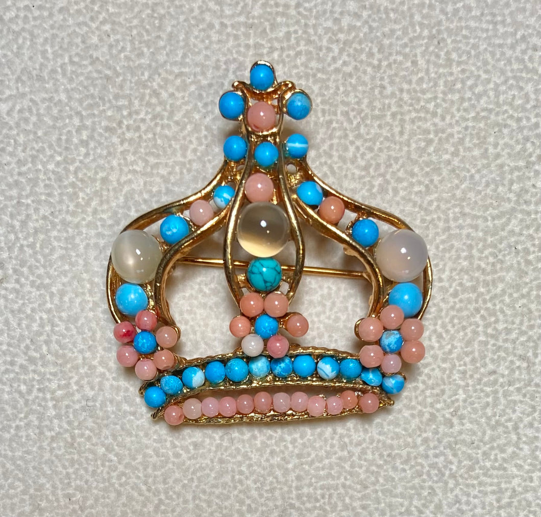 Authentic Swoboda Crown Brooch ~ Turquolite, Coral, Moonstone