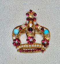 Load image into Gallery viewer, Authentic Swoboda Crown Brooch ~ Garnet, Moonstone, Turquoise, Pearl (Copy)
