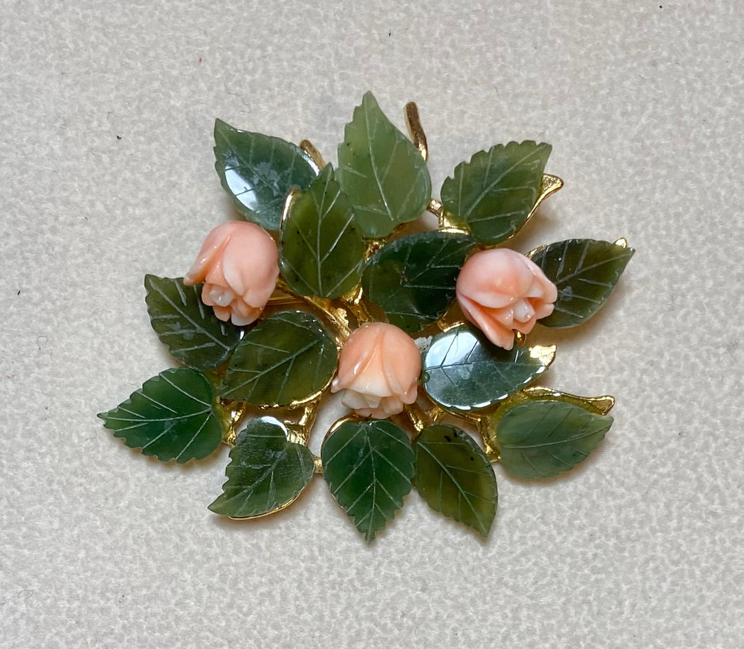 AUTHENTIC SWOBODA FLOWER BROOCH ~ JADE, CORAL