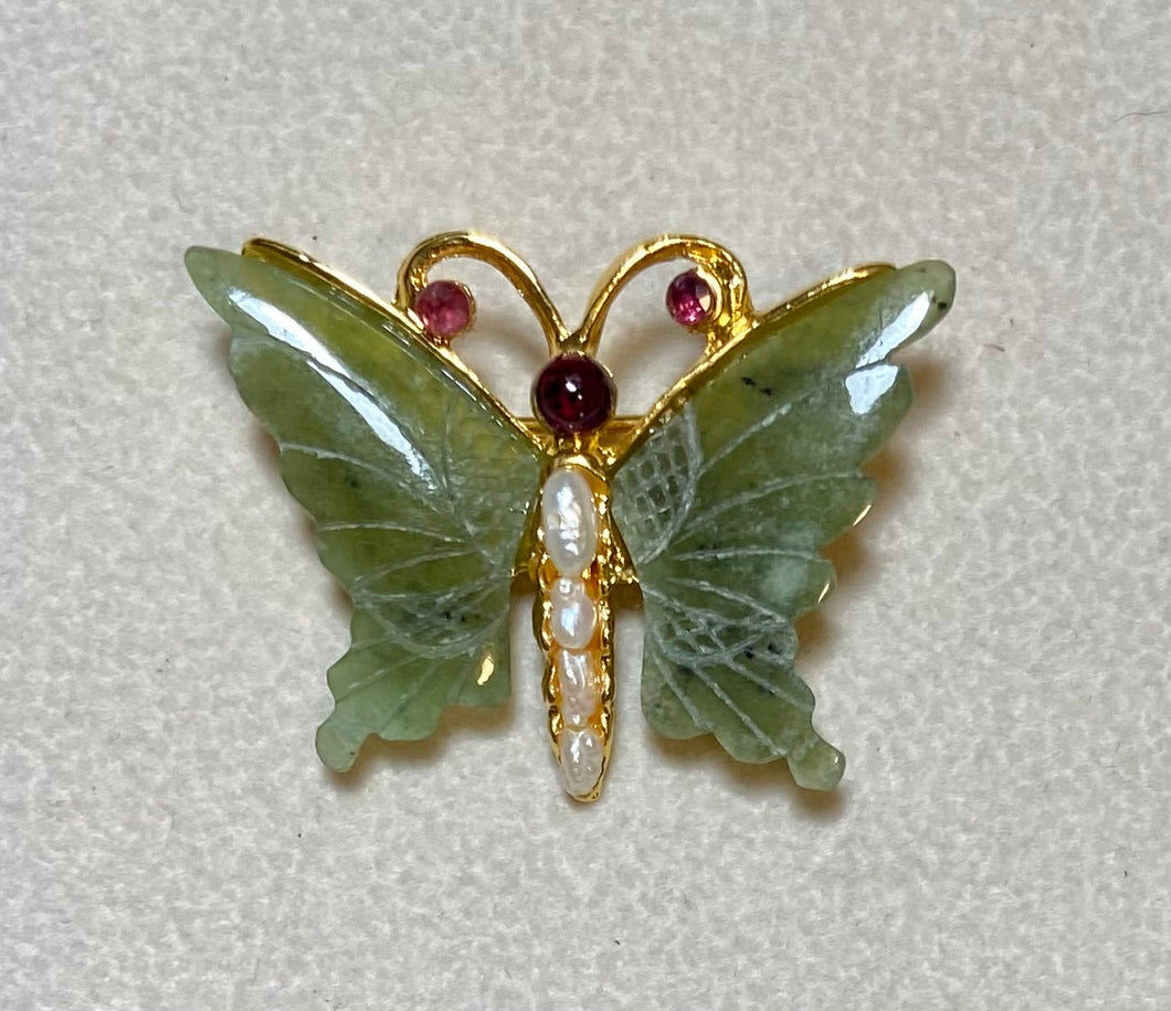 AUTHENTIC SWOBODA BUTTERFLY BROOCH ~ Jade, Fresh Water Pearl, Garnet, Ruby ~ LAST ONE