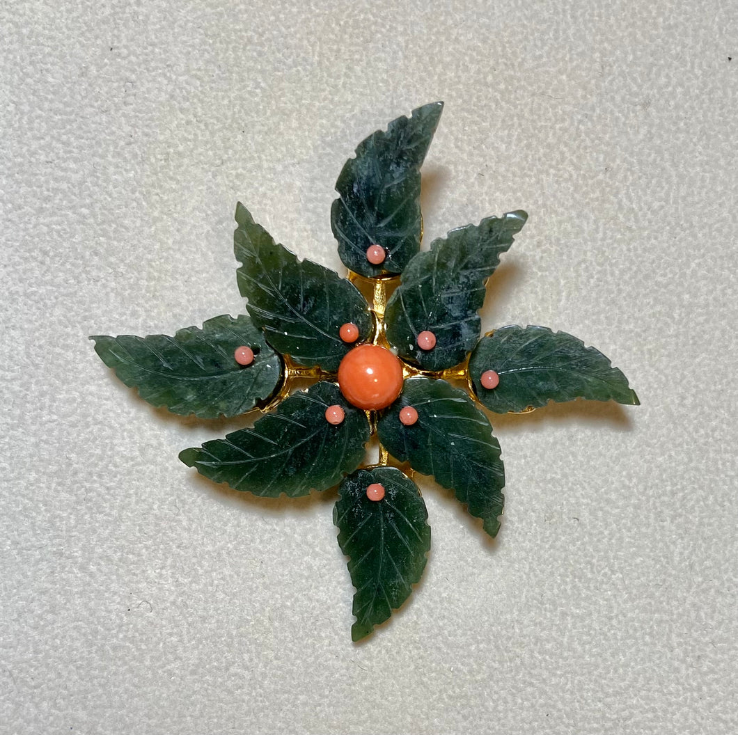 AUTHENTIC SWOBODA FLOWER BROOCH ~ JADE, CORAL