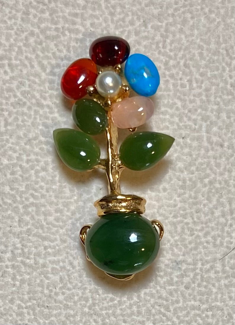 AUTHENTIC SWOBODA FLOWER VASE BROOCH ~ JADE, MULTI-STONE