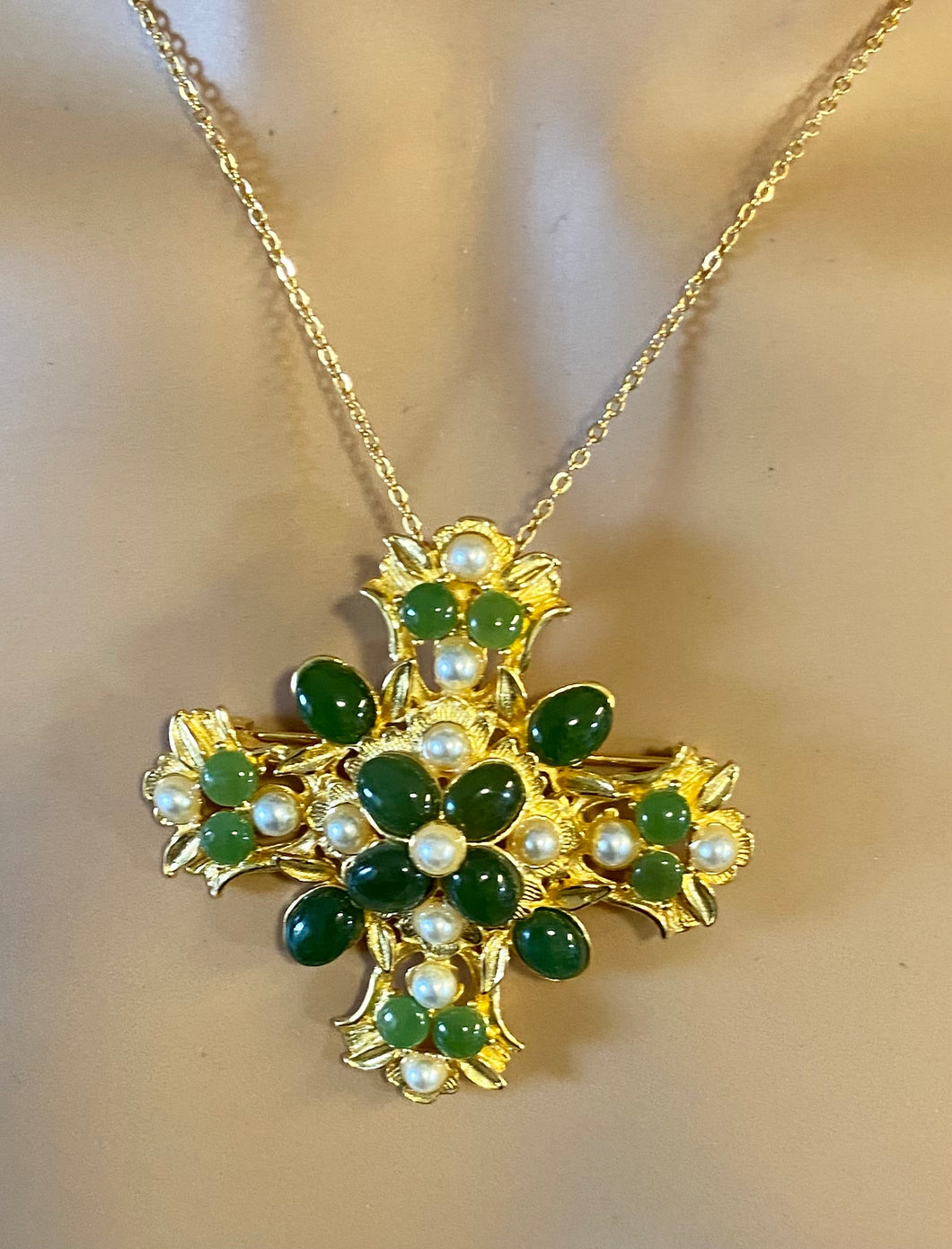Authentic Swoboda Cross Pendant ~ JADE, PEARL
